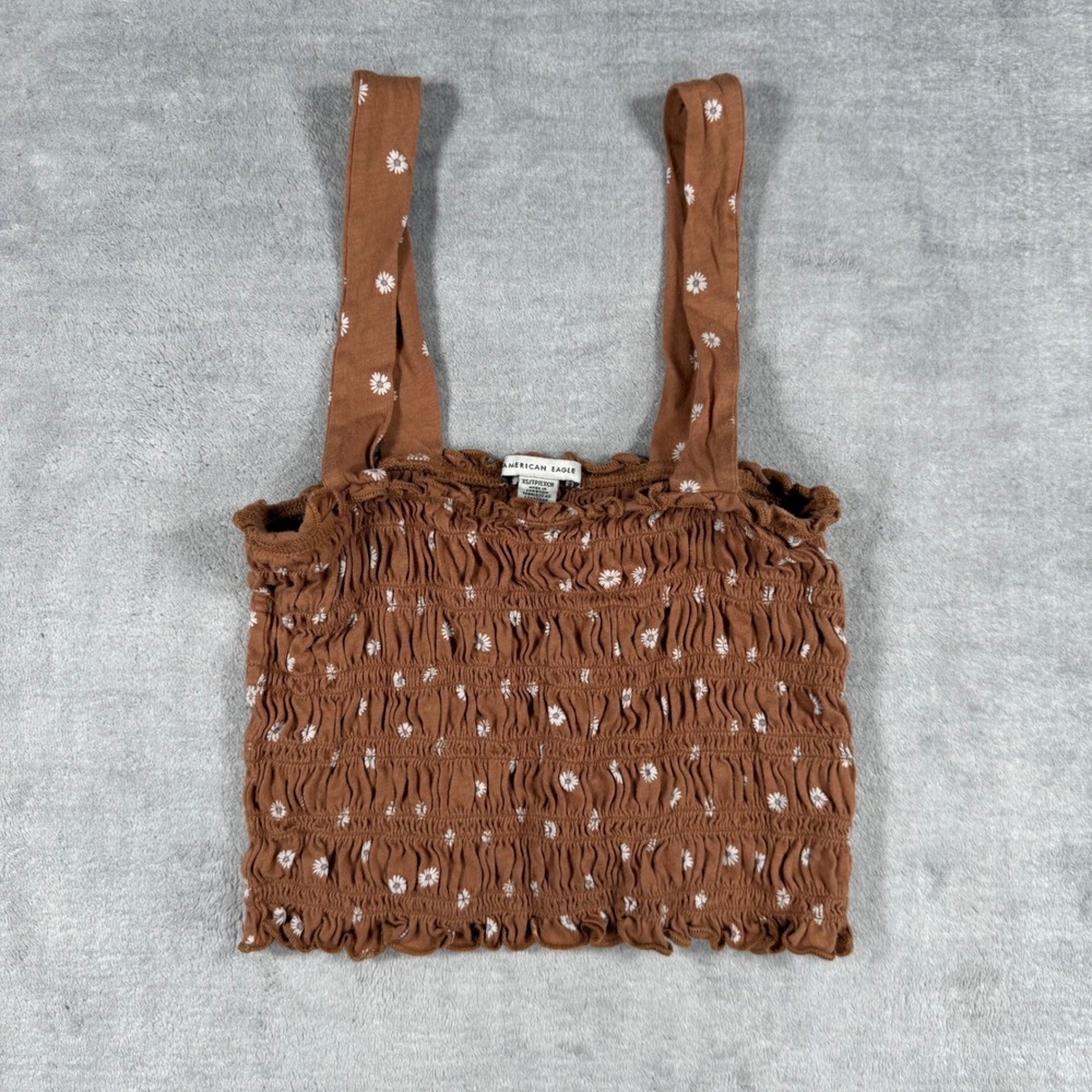 American Eagle Shirt Womens XS Brown Floral Smocked Cropped Boho Daisy Camisole